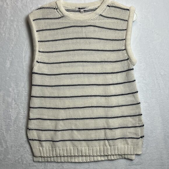 Madewell NWT Puff-Trim Sweater Vest Stripe Bright Ivory Navy Blue New Size Small - Picture 1 of 11